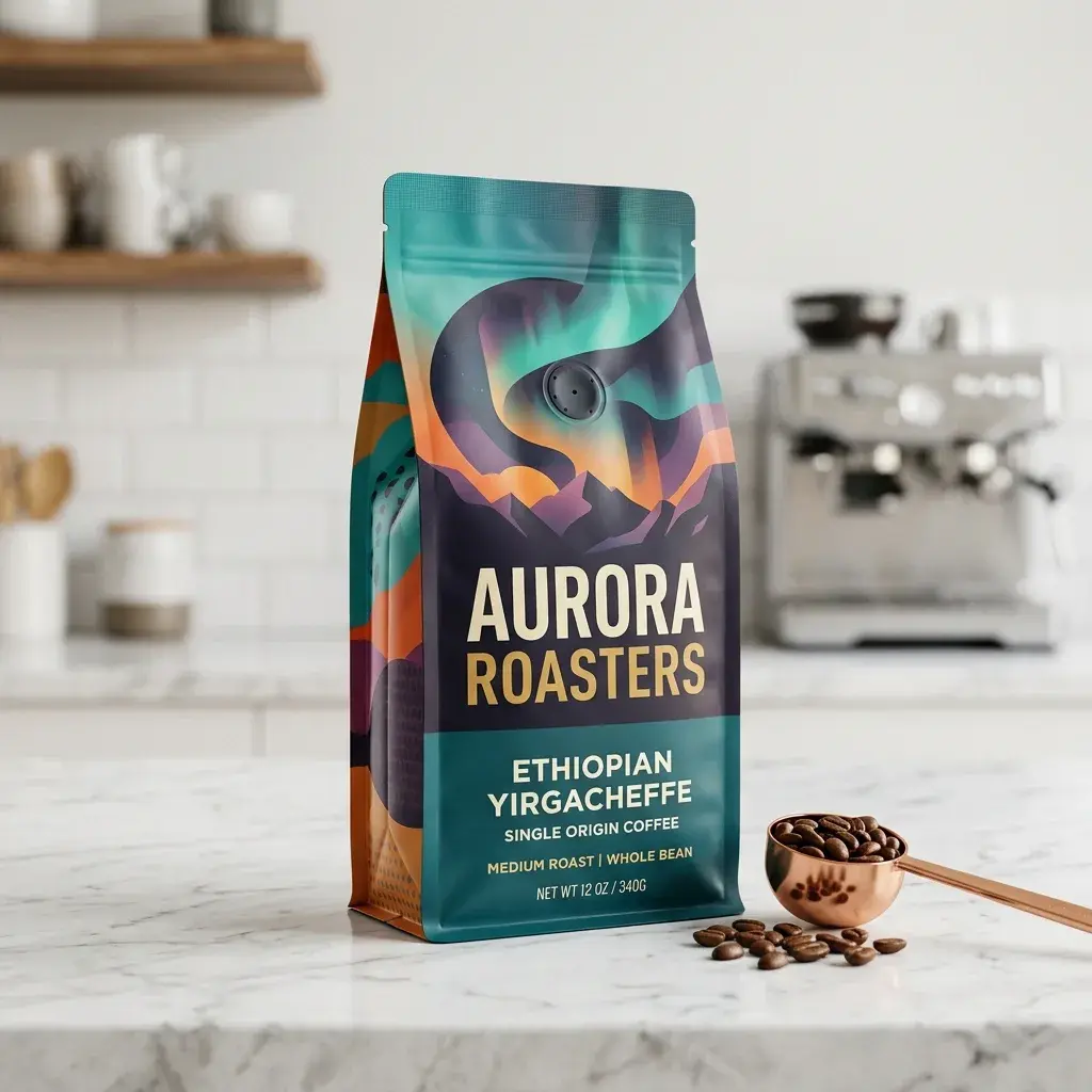 Aurora Roasters Ethiopian Yirgacheffe coffee bag with colorful aurora design on marble countertop in modern kitchen with espresso machine