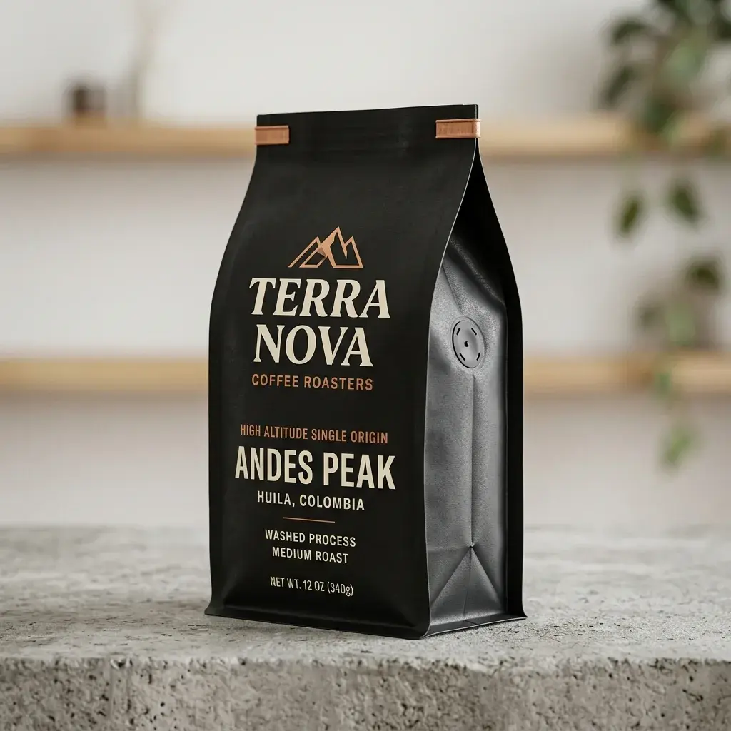 Terra Nova Coffee Roasters black packaging bag for Andes Peak Colombian coffee on concrete counter with blurred kitchen shelves background