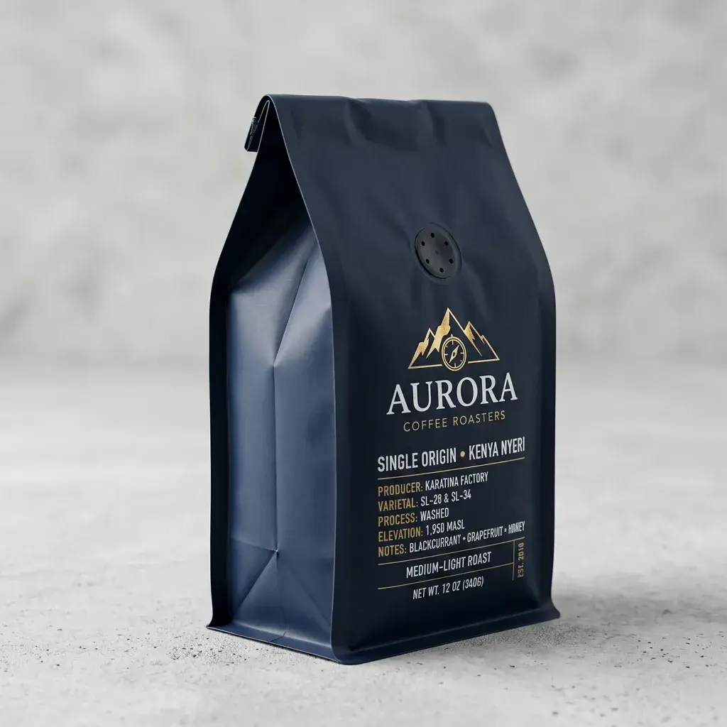 Premium black coffee packaging bag for Aurora Coffee Roasters Kenya Nyeri single origin medium-light roast on concrete surface