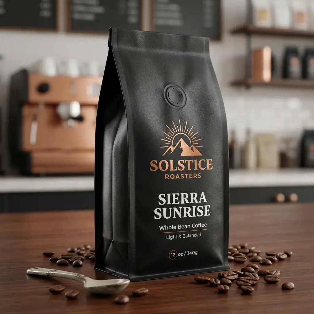 Black coffee packaging bag for Solstice Roasters Sierra Sunrise whole bean coffee on wooden counter with scattered coffee beans