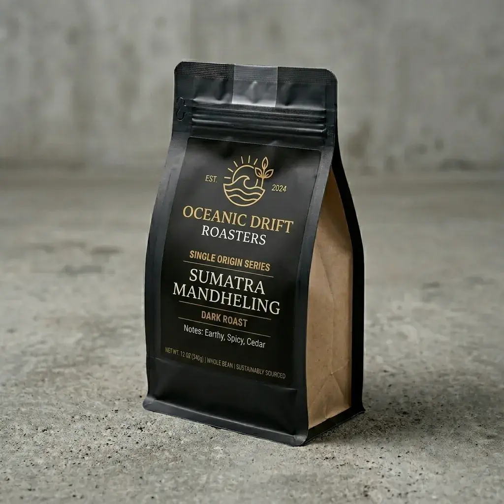 Premium black coffee packaging bag for Oceanic Drift Roasters Sumatra Mandheling dark roast on concrete surface