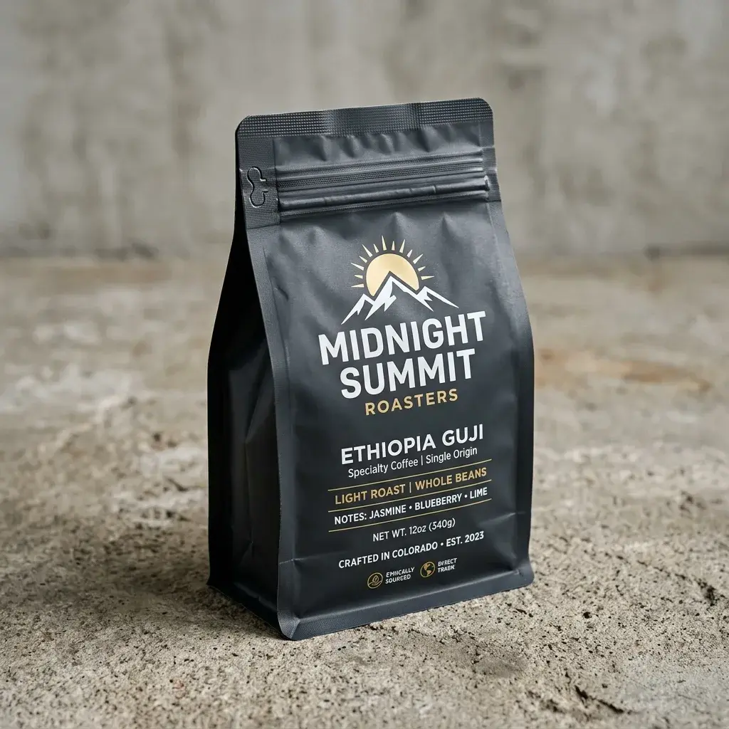 Black coffee packaging bag for Midnight Summit Roasters Ethiopia Guji specialty coffee beans on concrete surface with blurred background