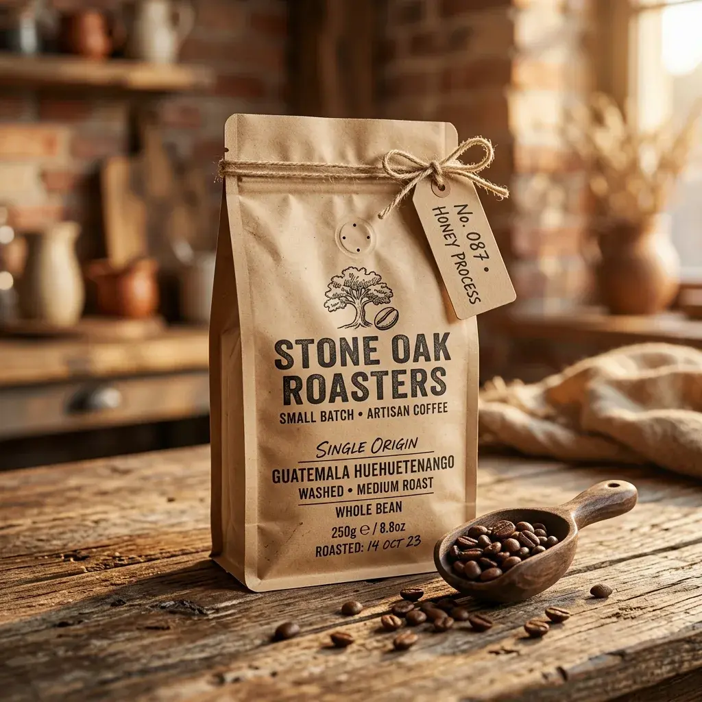 Stone Oak Roasters artisan coffee packaging on rustic wooden table with scattered beans and wooden scoop in warm kitchen setting