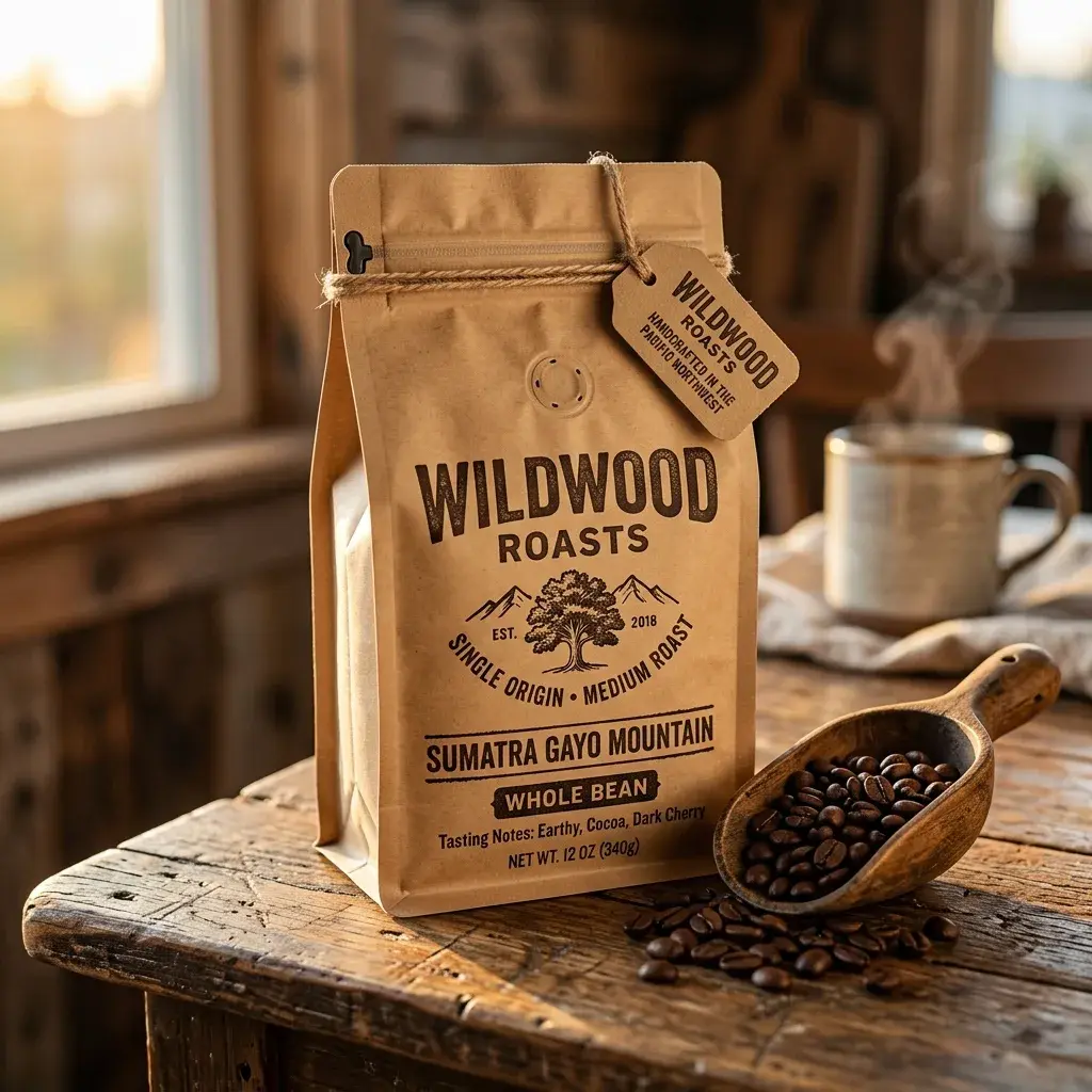 Wildwood Roasts coffee packaging bag on rustic wooden table with coffee beans, scoop, and mug in warm natural lighting
