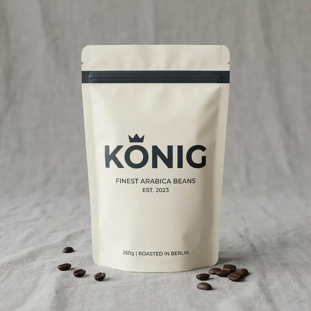 KÖNIG premium coffee packaging bag with arabica beans scattered on marble surface, cream pouch with black stripe, Berlin roasted