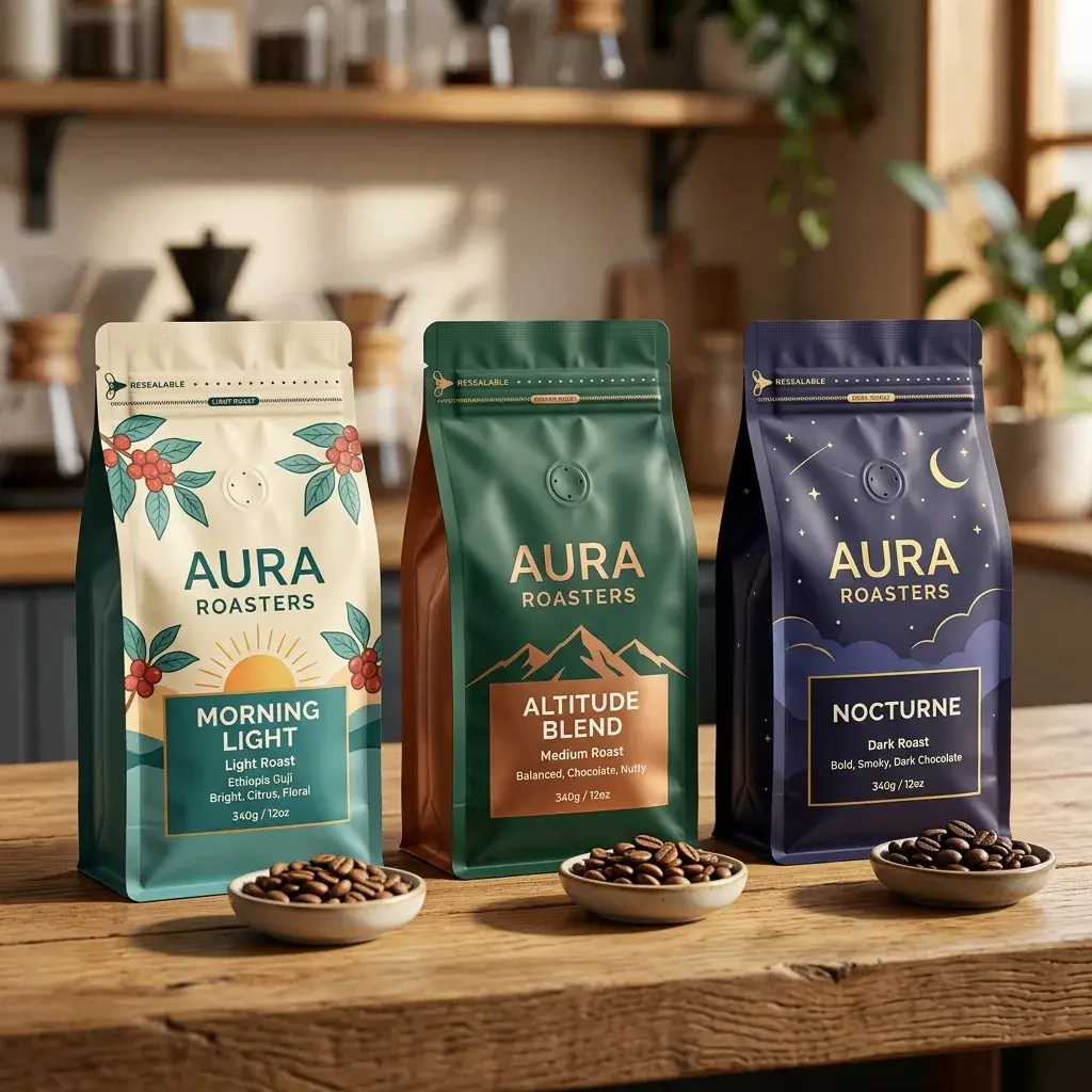 Three colorful coffee packaging bags by Aura Roasters displaying Morning Light, Altitude Blend, and Nocturne varieties with coffee beans on wooden ...