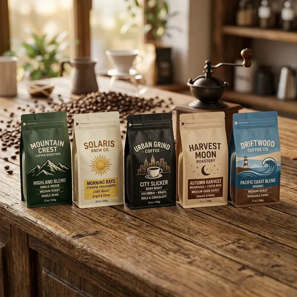 Five colorful coffee packaging bags displayed on rustic wooden table with coffee beans and grinder in warm kitchen setting