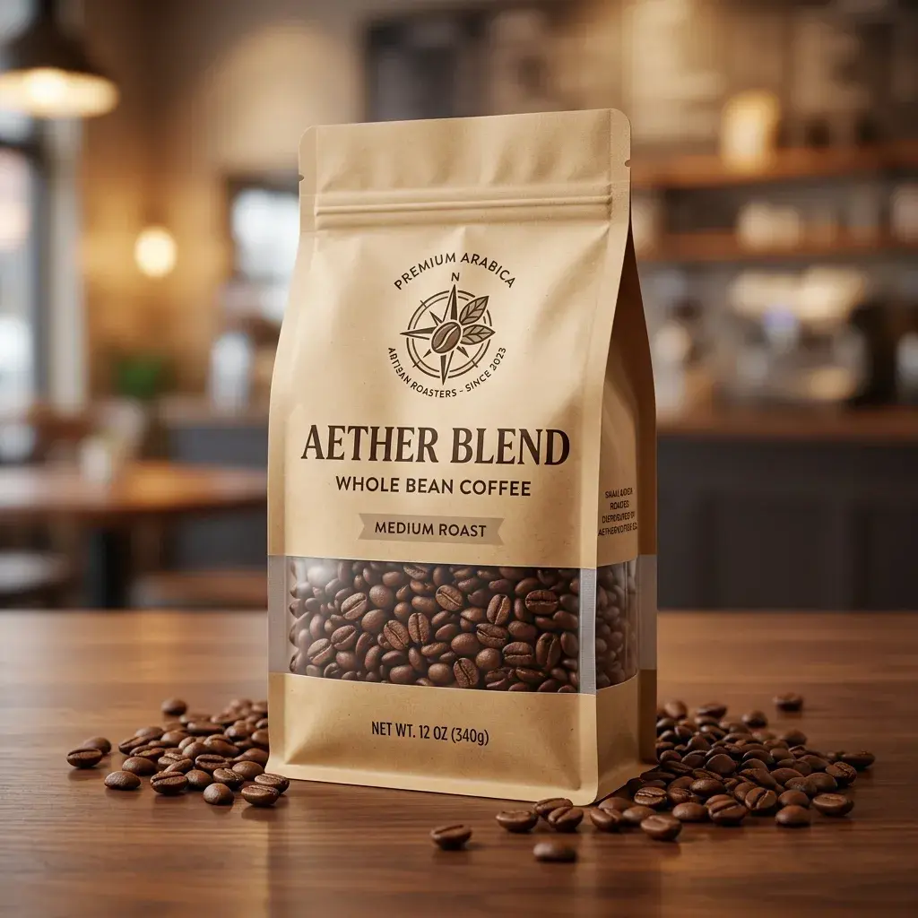 Premium Arabica coffee packaging bag on wooden table with scattered coffee beans in warm cafe setting with medium roast blend