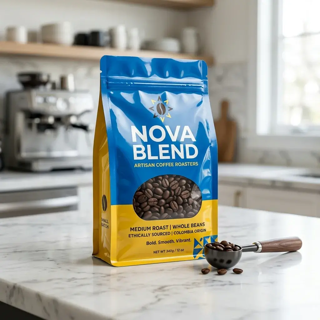 Blue and yellow Nova Blend coffee packaging bag on marble kitchen counter with coffee beans in wooden scoop, modern kitchen background