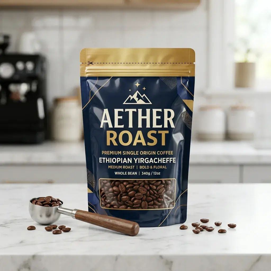 Premium Ethiopian Yirgacheffe coffee packaging design on marble counter with scattered beans and wooden scoop in modern kitchen