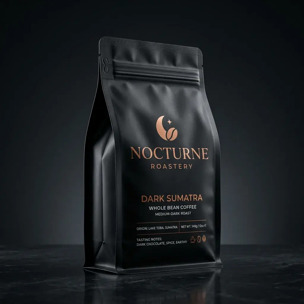 Black coffee packaging bag for Nocturne Roastery Dark Sumatra whole bean coffee with copper logo on dark moody background