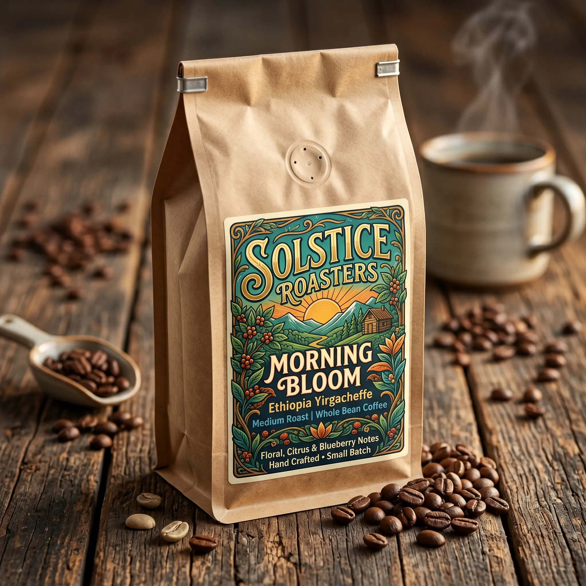Solstice Roasters Morning Bloom Ethiopian coffee bag on rustic wooden table with scattered coffee beans and brewing cup