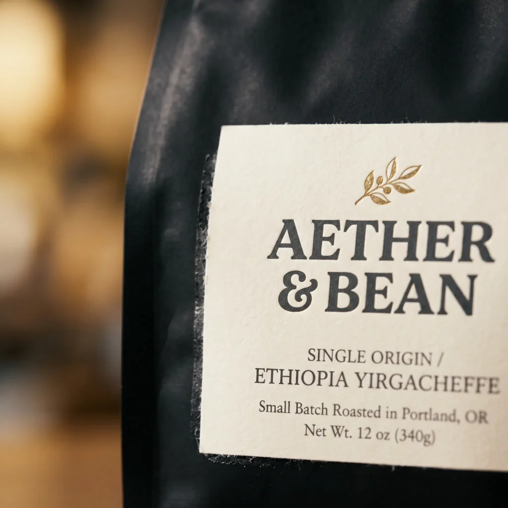 Black coffee packaging bag with white label showing Aether & Bean Ethiopia Yirgacheffe single origin coffee, small batch roasted in Portland