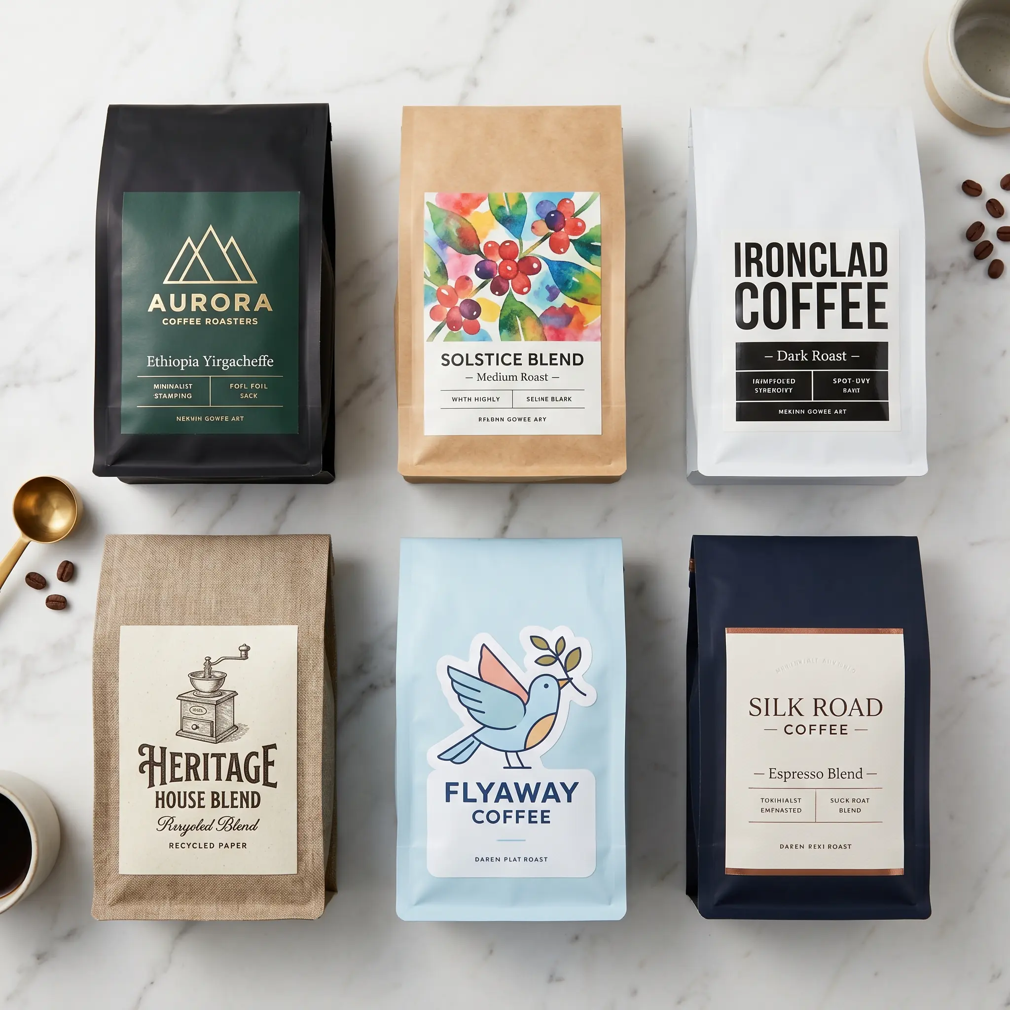 Six colorful coffee packaging bags arranged on white marble surface showcasing custom coffee bag design branding and labels