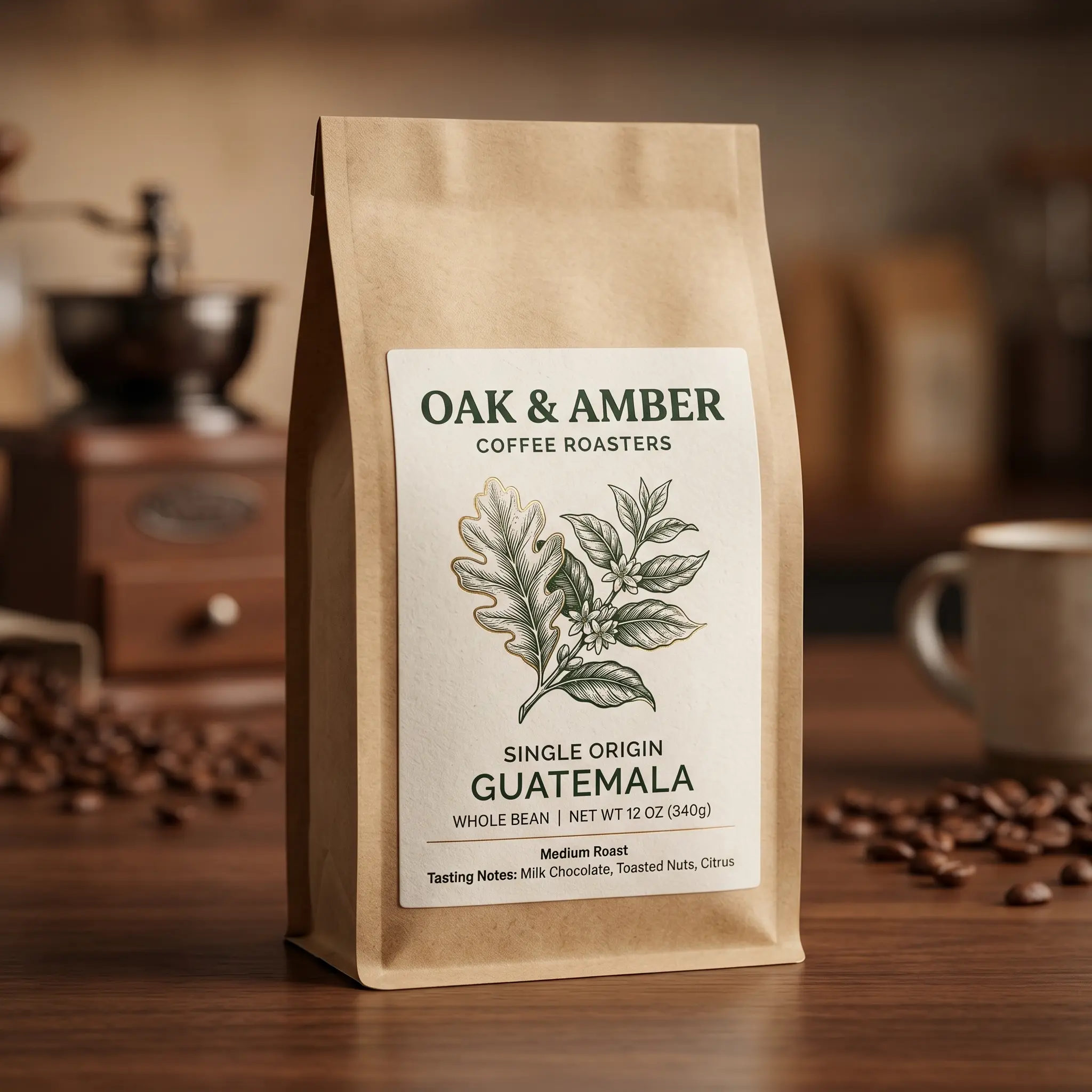 Oak & Amber Guatemala coffee bag with botanical leaf design on brown kraft paper packaging displayed on wooden table with coffee beans