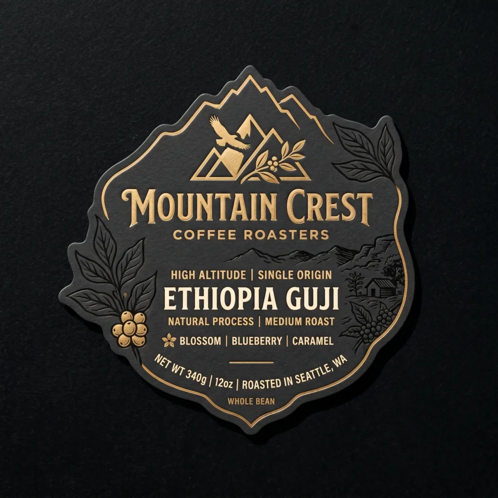 Premium black coffee label design for Mountain Crest Ethiopia Guji with gold lettering, coffee beans, and mountain graphics