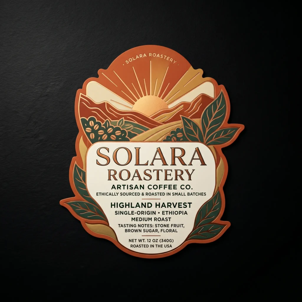 Elegant coffee packaging label for Solara Roastery Highland Harvest Ethiopian medium roast with vintage sunrise design and botanical elements