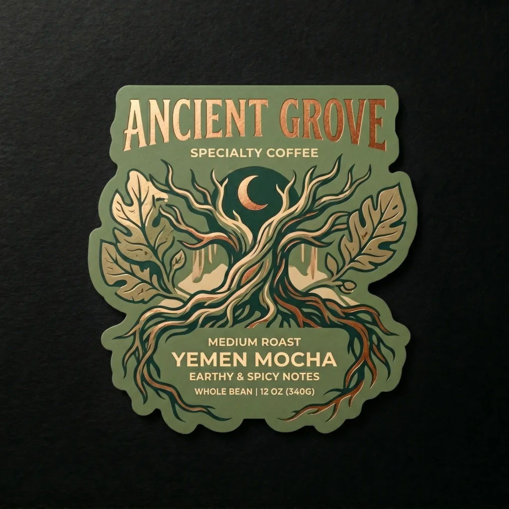 Ancient Grove specialty coffee label featuring ornate tree design with roots and crescent moon on olive green background, Yemen Mocha medium roast ...