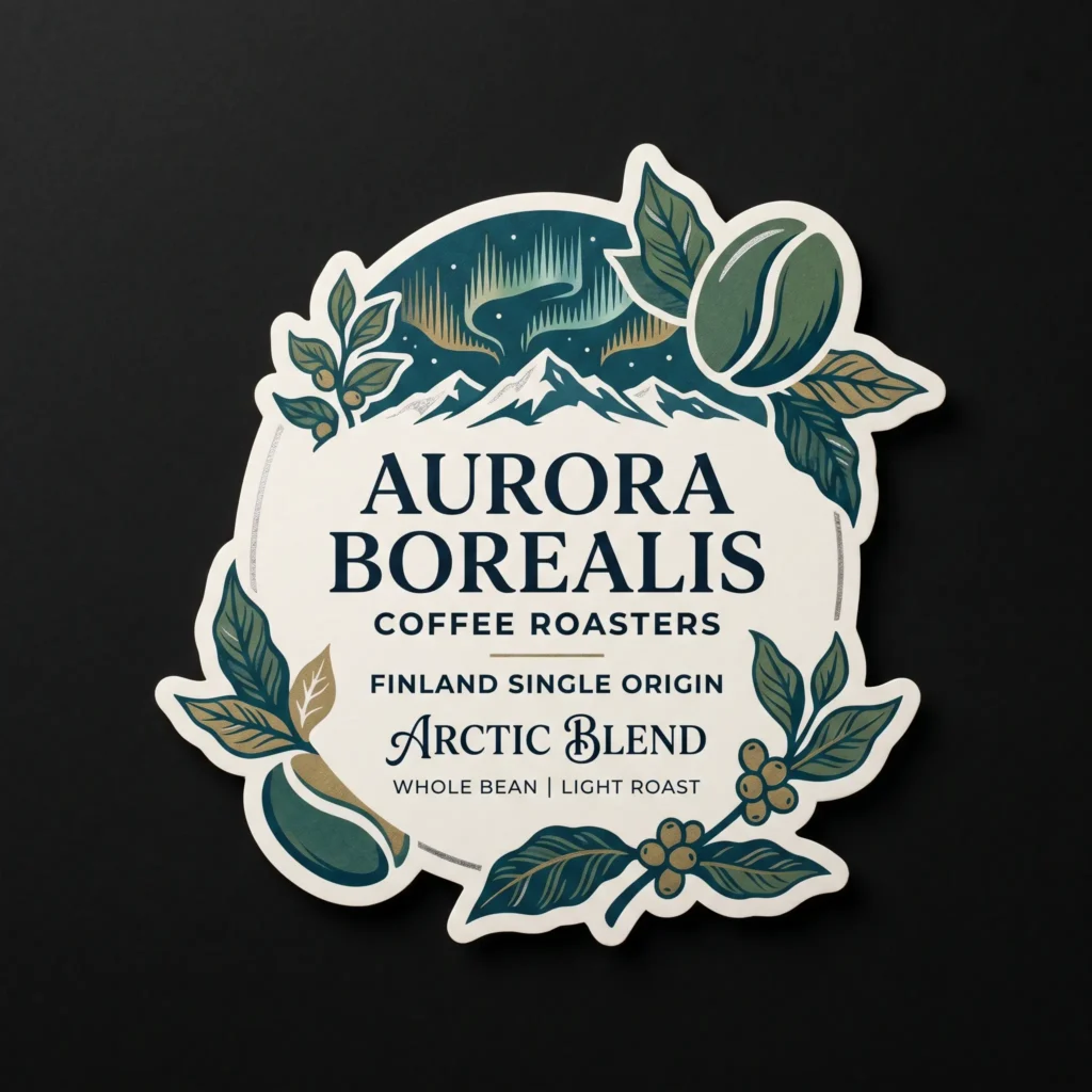 Aurora Borealis Coffee Roasters vintage label design with green northern lights, white mountains, coffee beans and botanical leaves on dark background