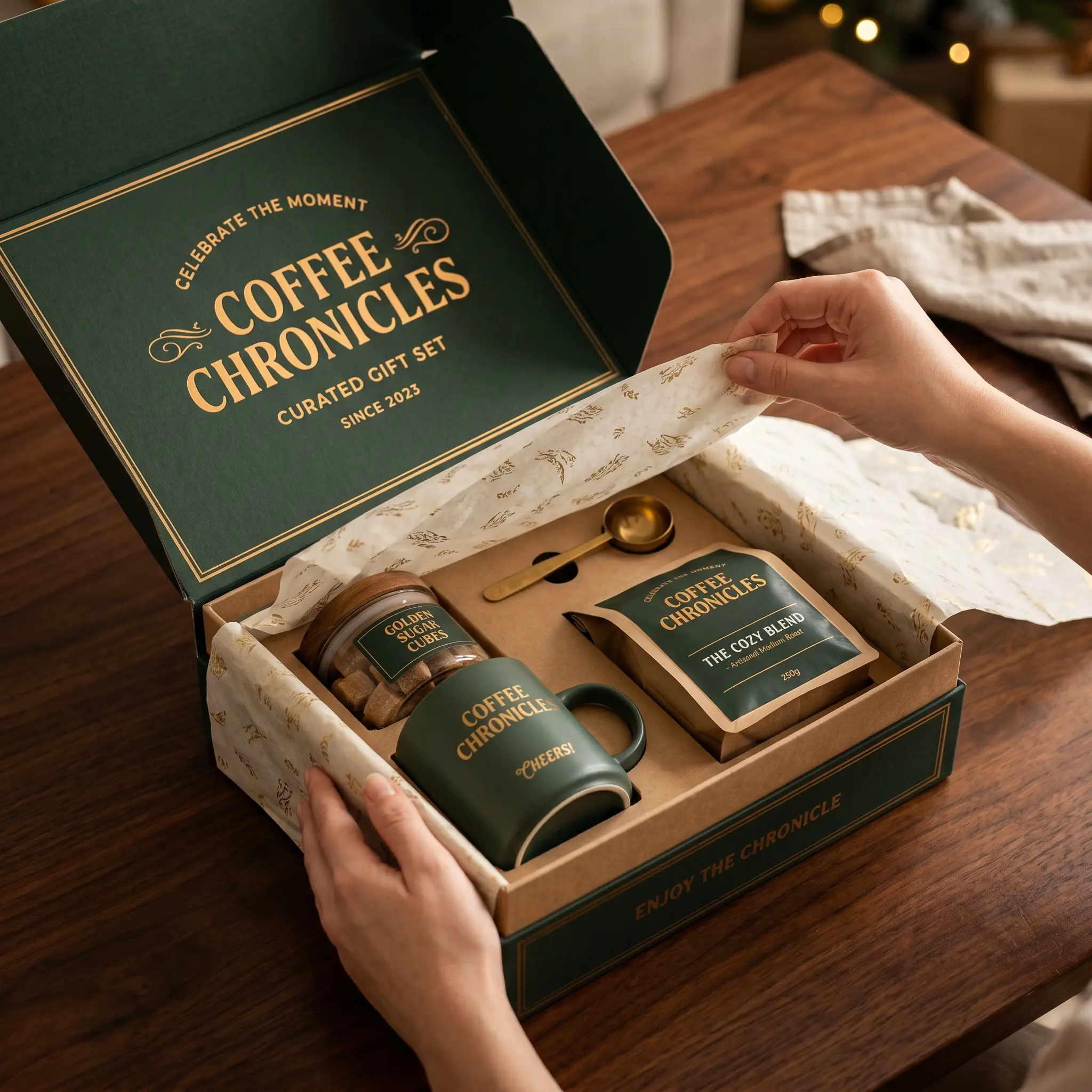Hands opening luxury green Coffee Chronicles gift box with curated coffee set, mug, and golden spoon on wooden table