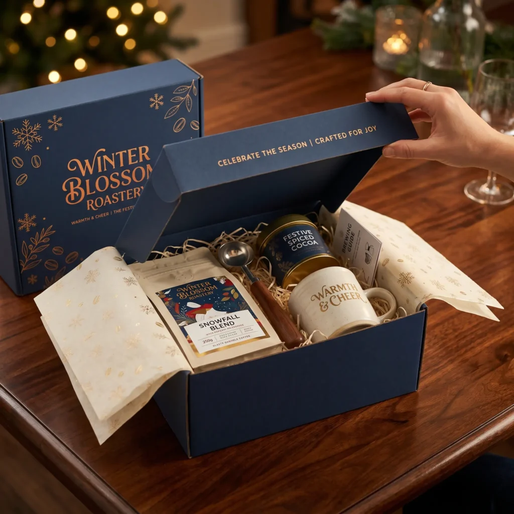 Hand opening Winter Blossom Roaster holiday gift box with coffee, mug and cocoa on wooden table with Christmas lights