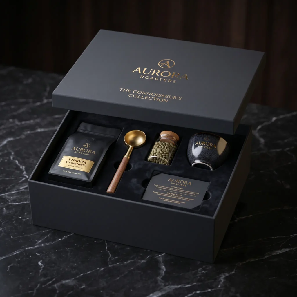 Luxury Aurora Roasters coffee gift box with dark packaging, gold branding, containing Ethiopia coffee, measuring spoon, beans jar and black mug on ...
