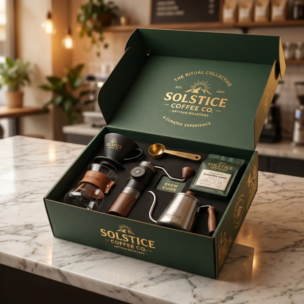 Luxury green Solstice Coffee Co. gift box packaging with gold accents containing coffee beans, mug, grinder and brewing accessories on marble counter