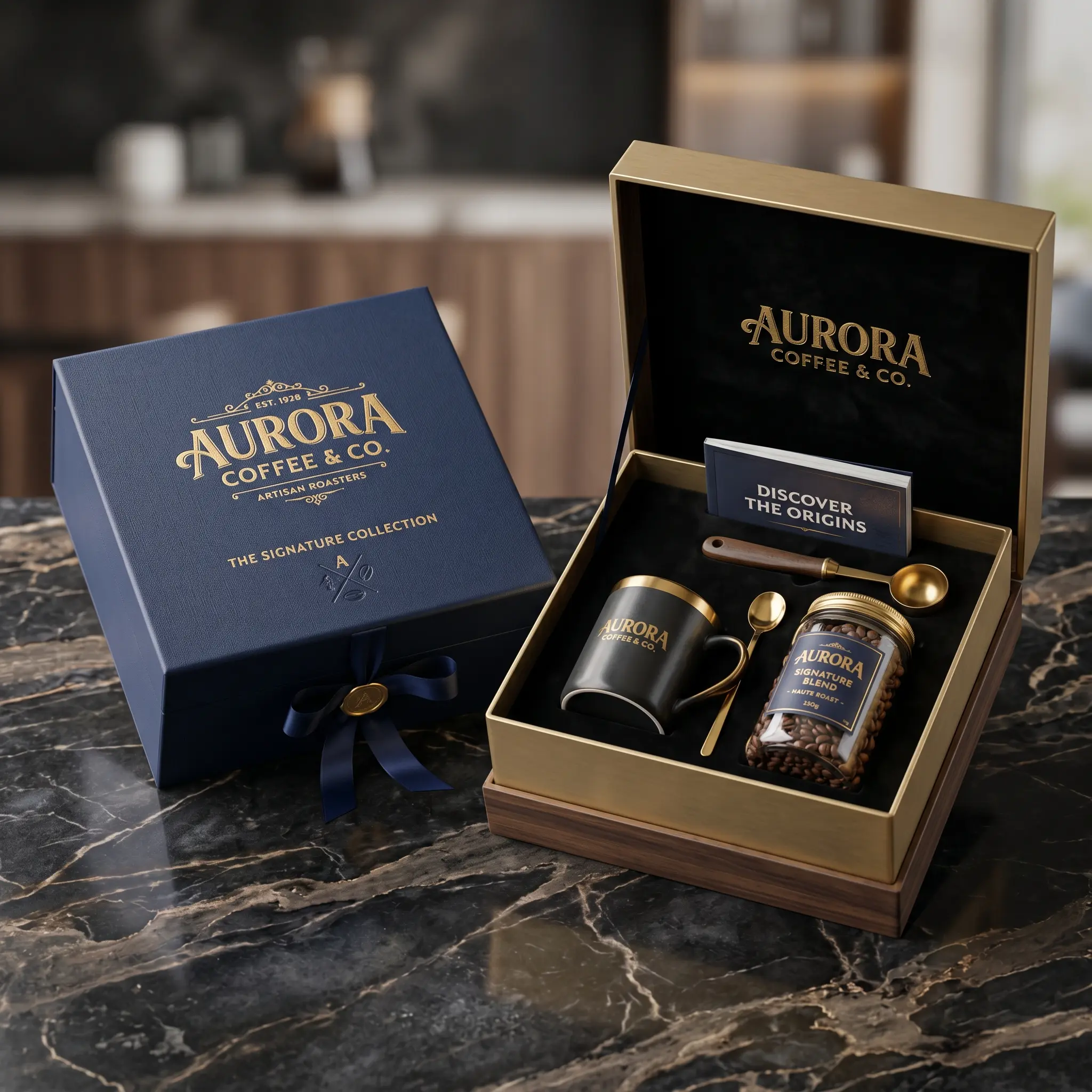 Luxury Aurora Coffee gift box set with navy blue packaging, gold accents, coffee mug and jar on marble surface