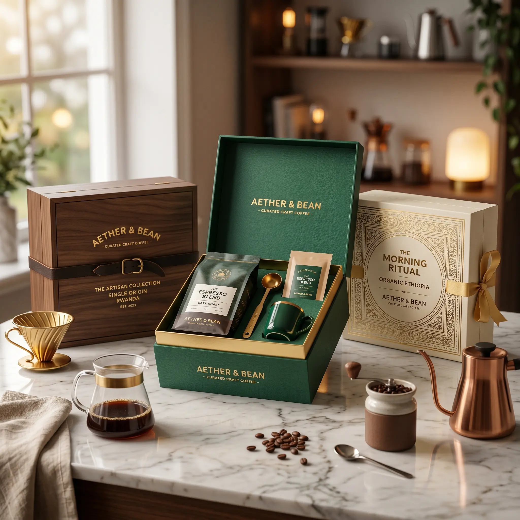 Luxury coffee gift boxes by Aether & Bean on marble counter with copper kettle, green packaging, and brewing accessories in warm kitchen