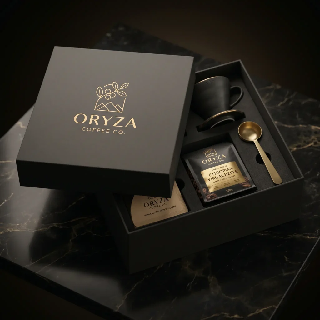 Luxury ORYZA Coffee Co. gift box packaging with black mug, gold spoon, Ethiopian coffee bag on dark marble surface