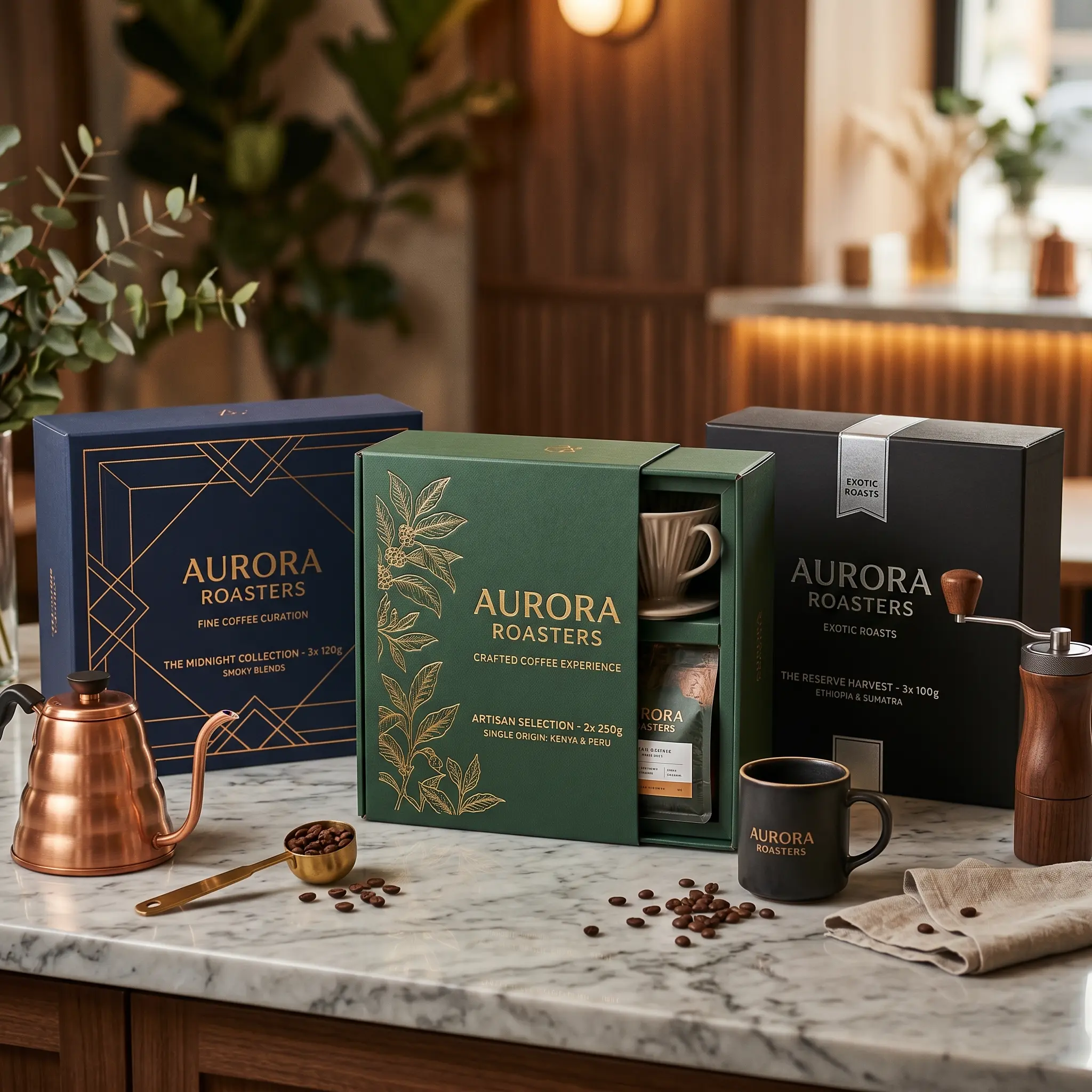Premium Aurora Roasters coffee packaging gift sets with copper kettle and mug on marble countertop in warm kitchen setting