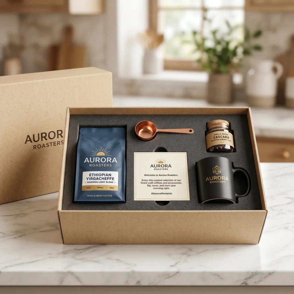 Aurora Roasters coffee gift box with Ethiopian Yirgacheffe beans, copper scoop, black mug and cascara jar on marble counter