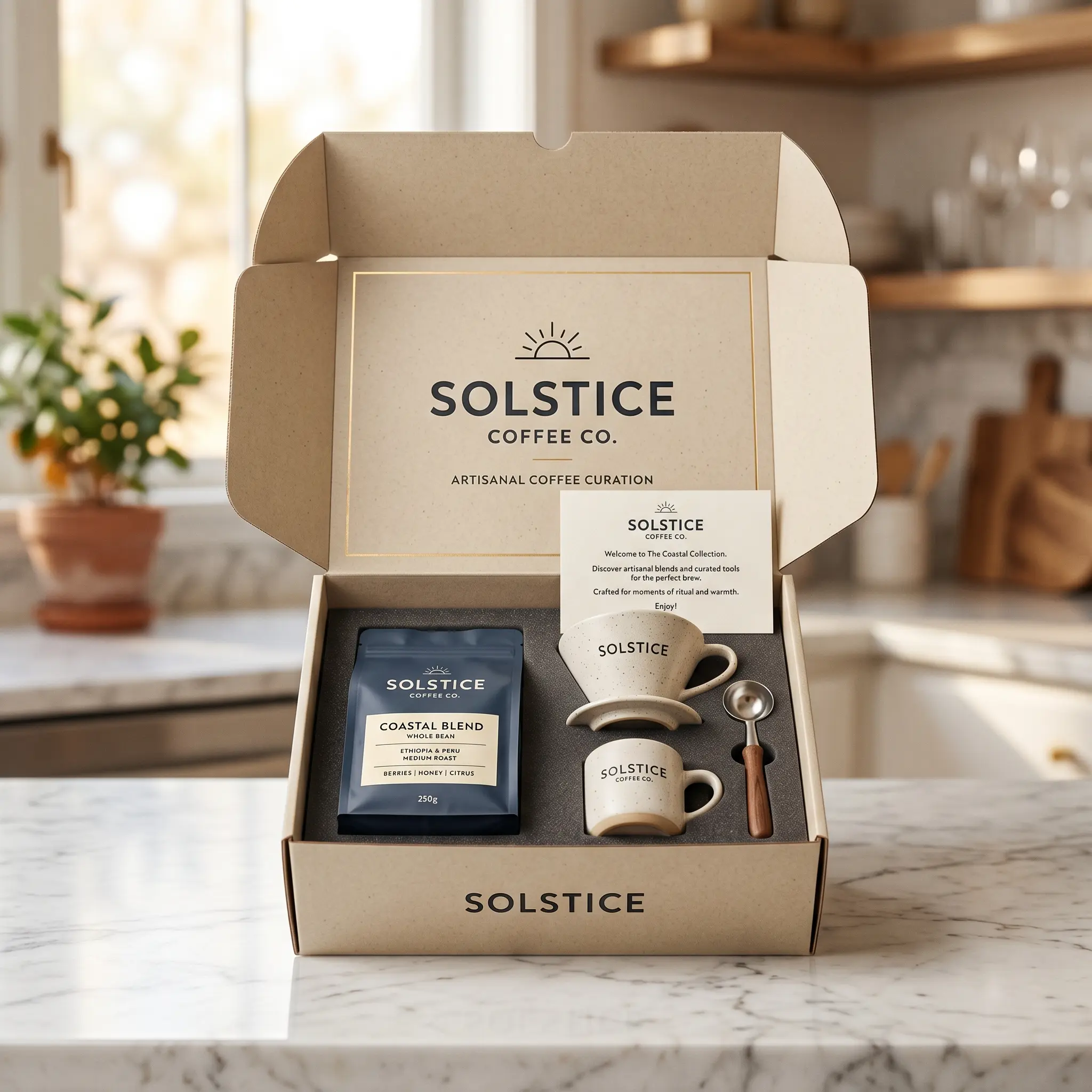 Solstice Coffee Co. subscription box with artisanal coffee packaging, ceramic mugs, and branded materials on marble countertop