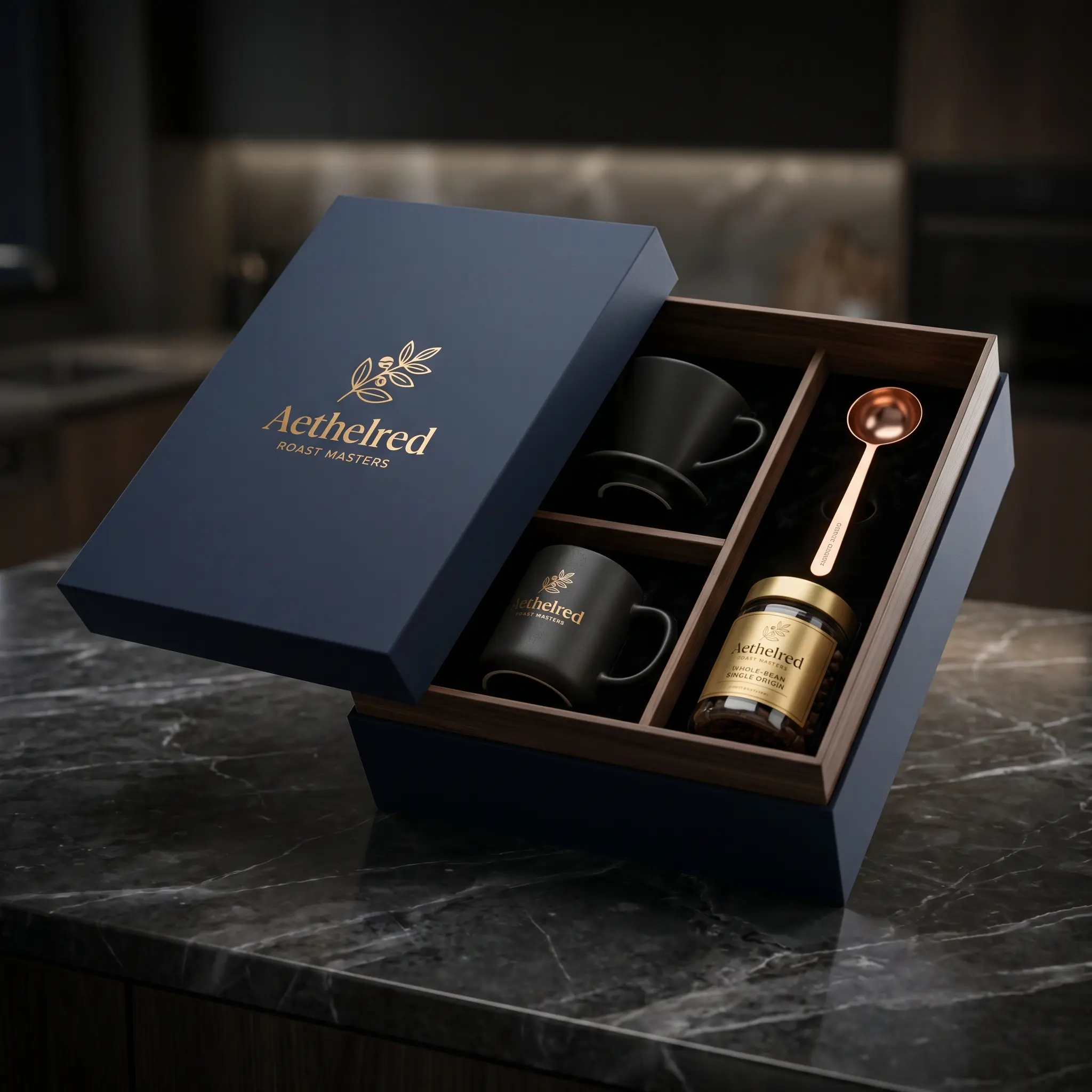 Luxury blue Aethelred coffee gift box with black mugs, copper spoon and jar on dark marble surface - premium packaging design