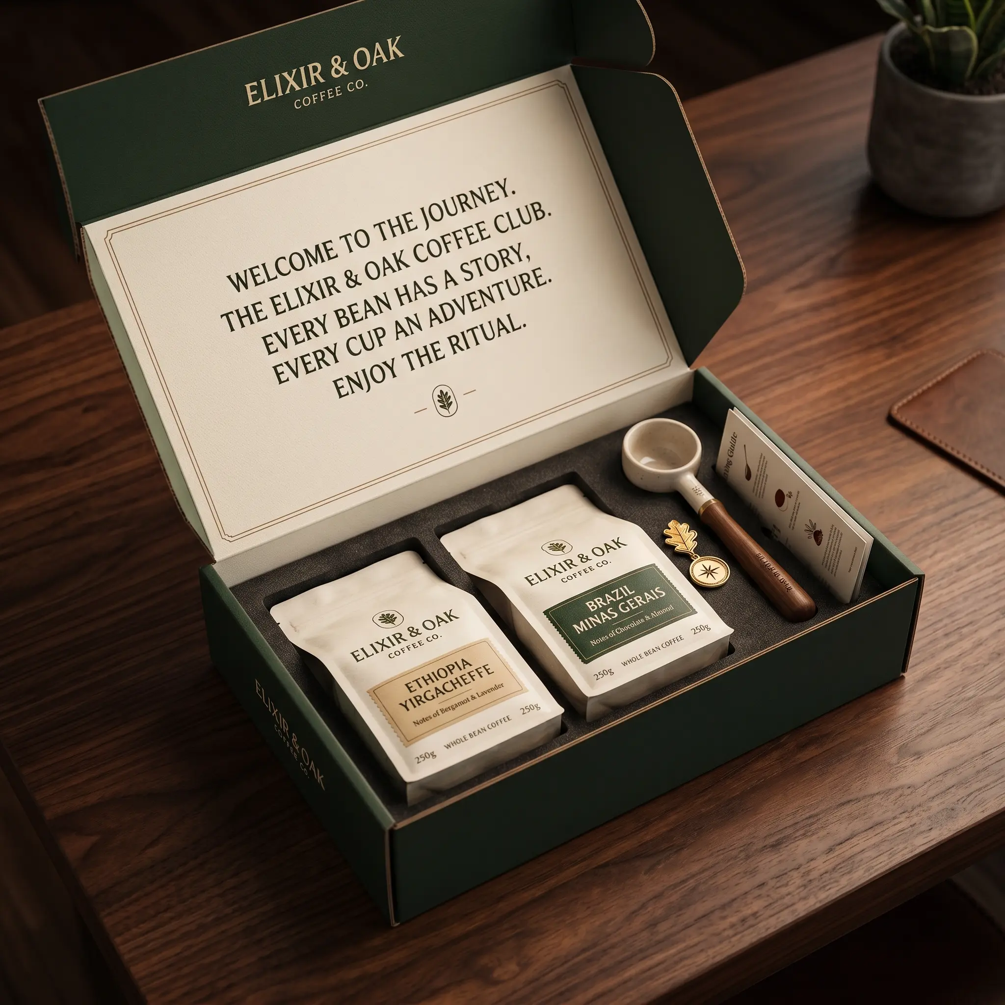 Premium green Elixir & Oak coffee subscription box with two coffee bags and wooden scoop on dark wood table