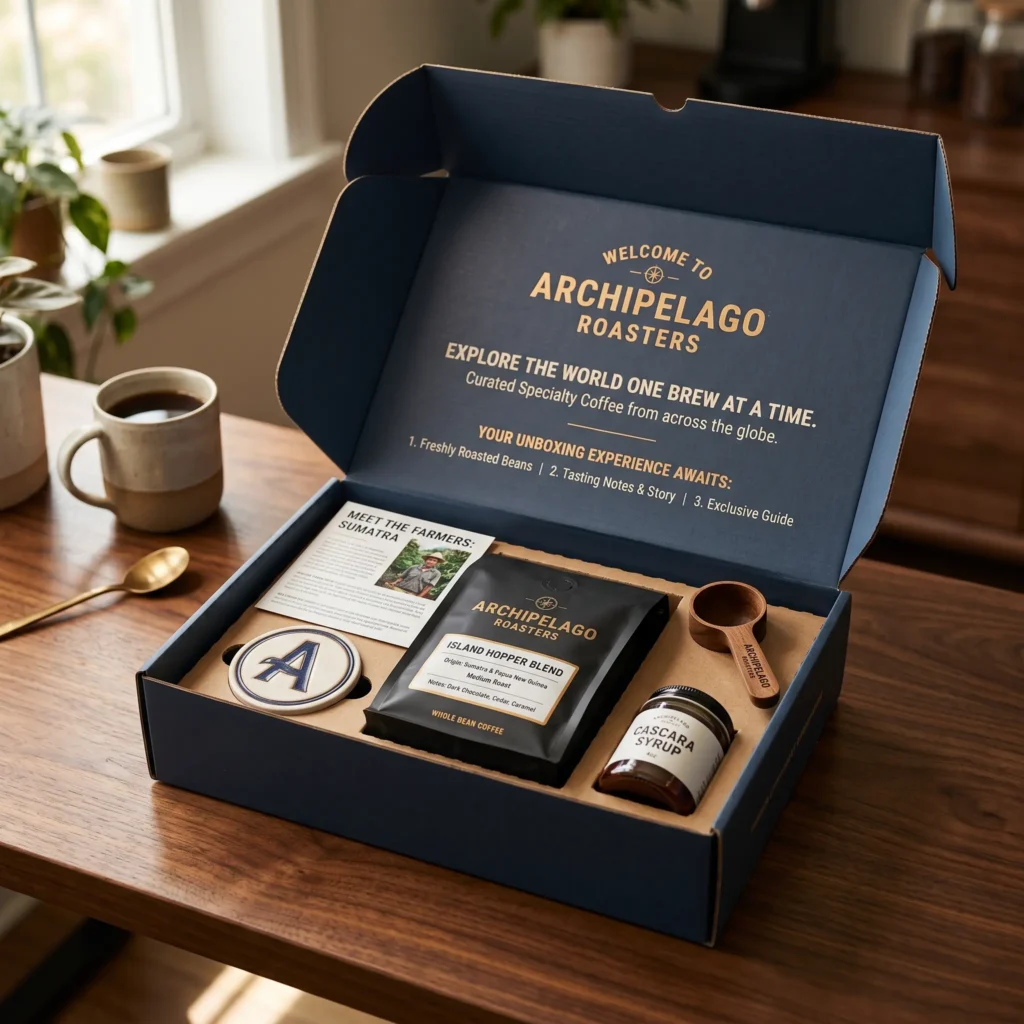 Archipelago Roasters coffee subscription box with navy packaging, beans, syrup and brewing accessories on wooden table