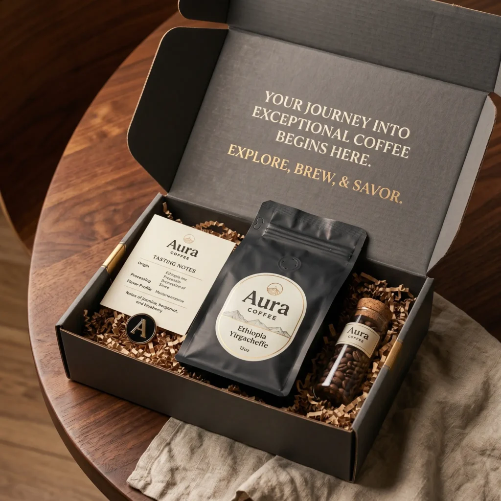 Premium coffee subscription box with Aura Coffee branding, featuring Ethiopia Yirgacheffe beans, tasting notes card, and elegant black packaging on...