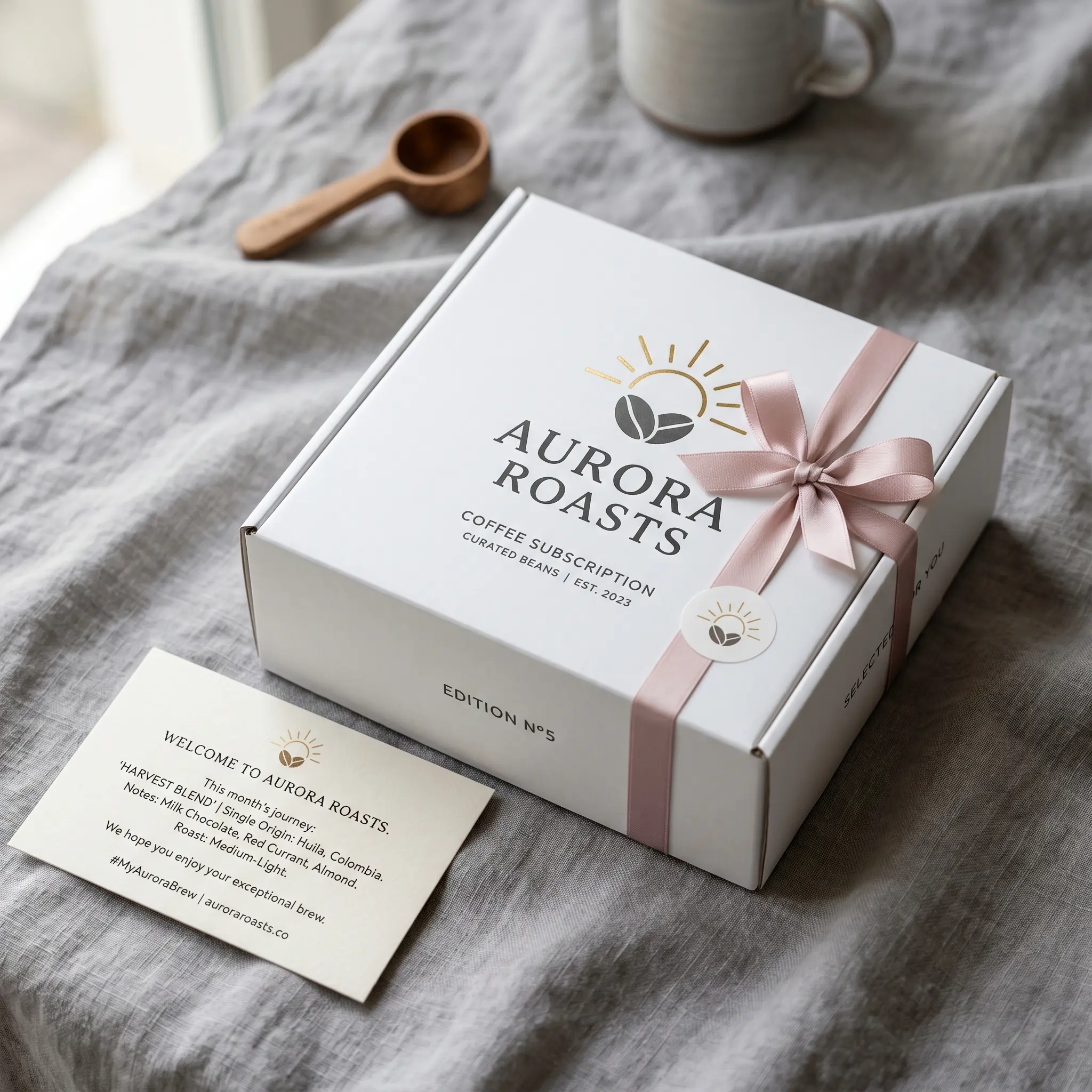 Aurora Roasts coffee subscription box with pink ribbon on gray linen fabric beside white mug and wooden spoon, premium packaging design