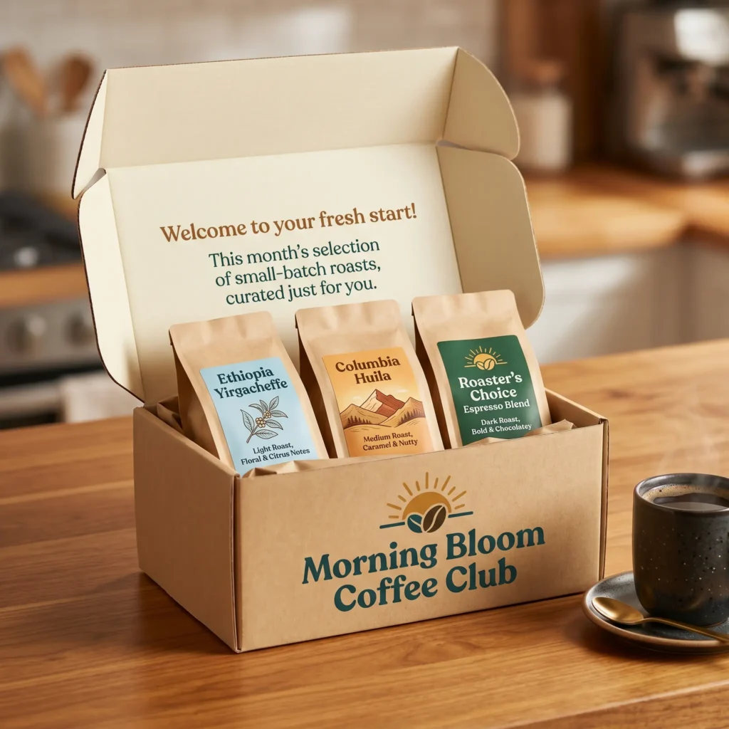 Morning Bloom Coffee Club subscription box with three coffee bags on wooden table next to black coffee cup in warm kitchen setting