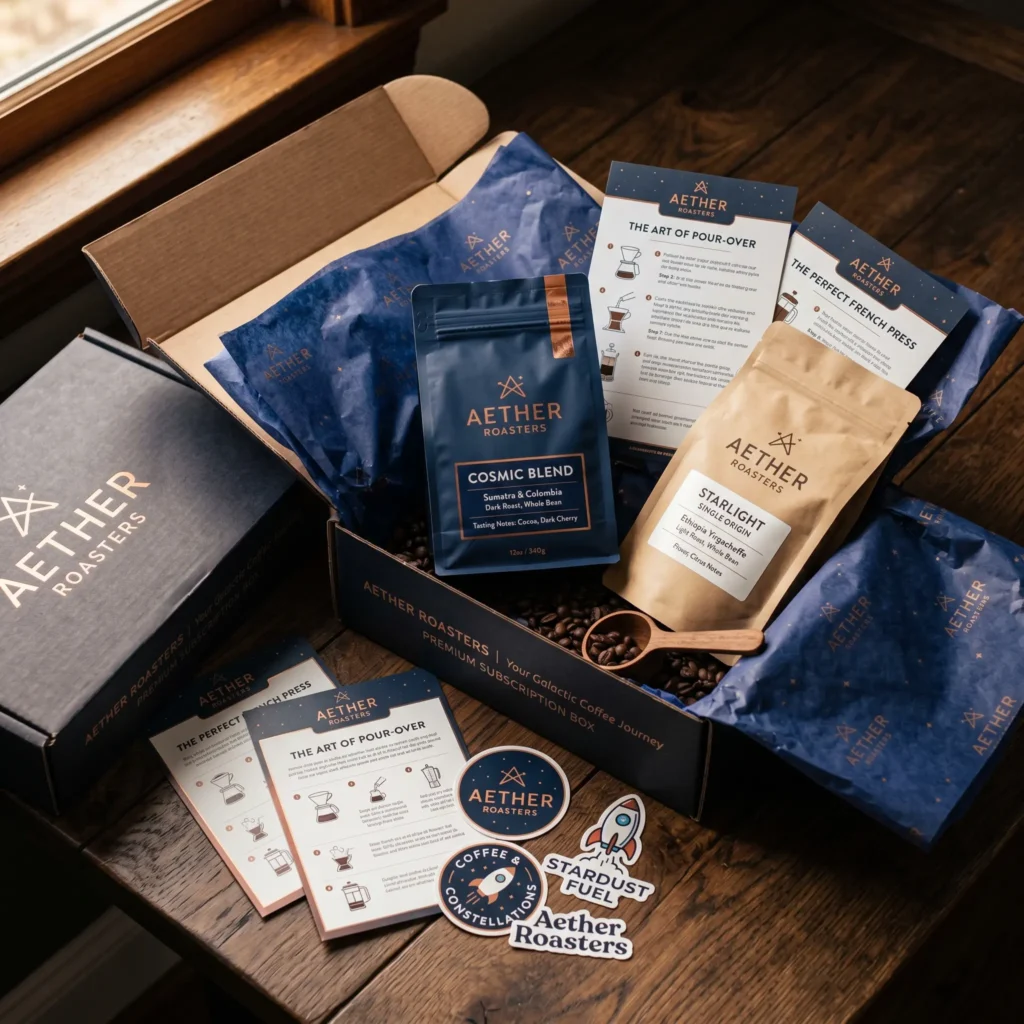 Aether Roasters coffee subscription box with blue starry packaging, coffee bags, brewing guides, and stickers on wooden surface