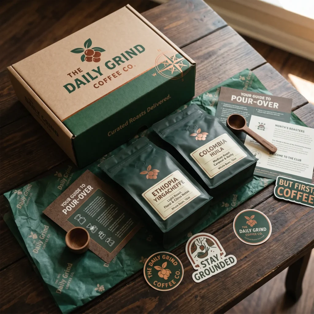 Coffee subscription box packaging display featuring Daily Grind branded boxes, bags, and stickers in green and brown tones on wooden surface