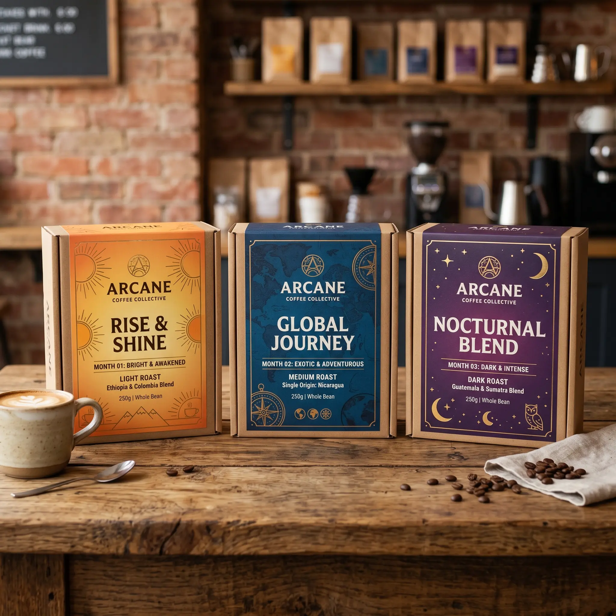 Three colorful coffee packaging boxes from Arcane Coffee Collective displayed on rustic wooden table in modern coffee shop setting