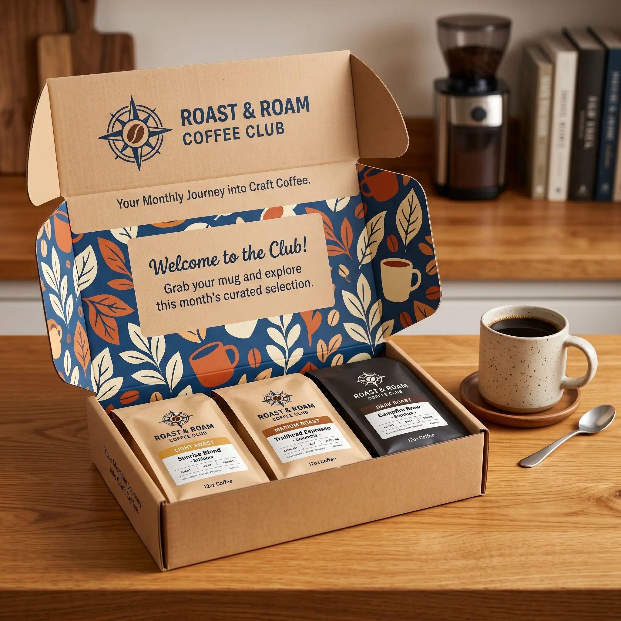 Coffee subscription box with three craft coffee bags, compass logo, blue floral design, wooden table setting with steaming mug