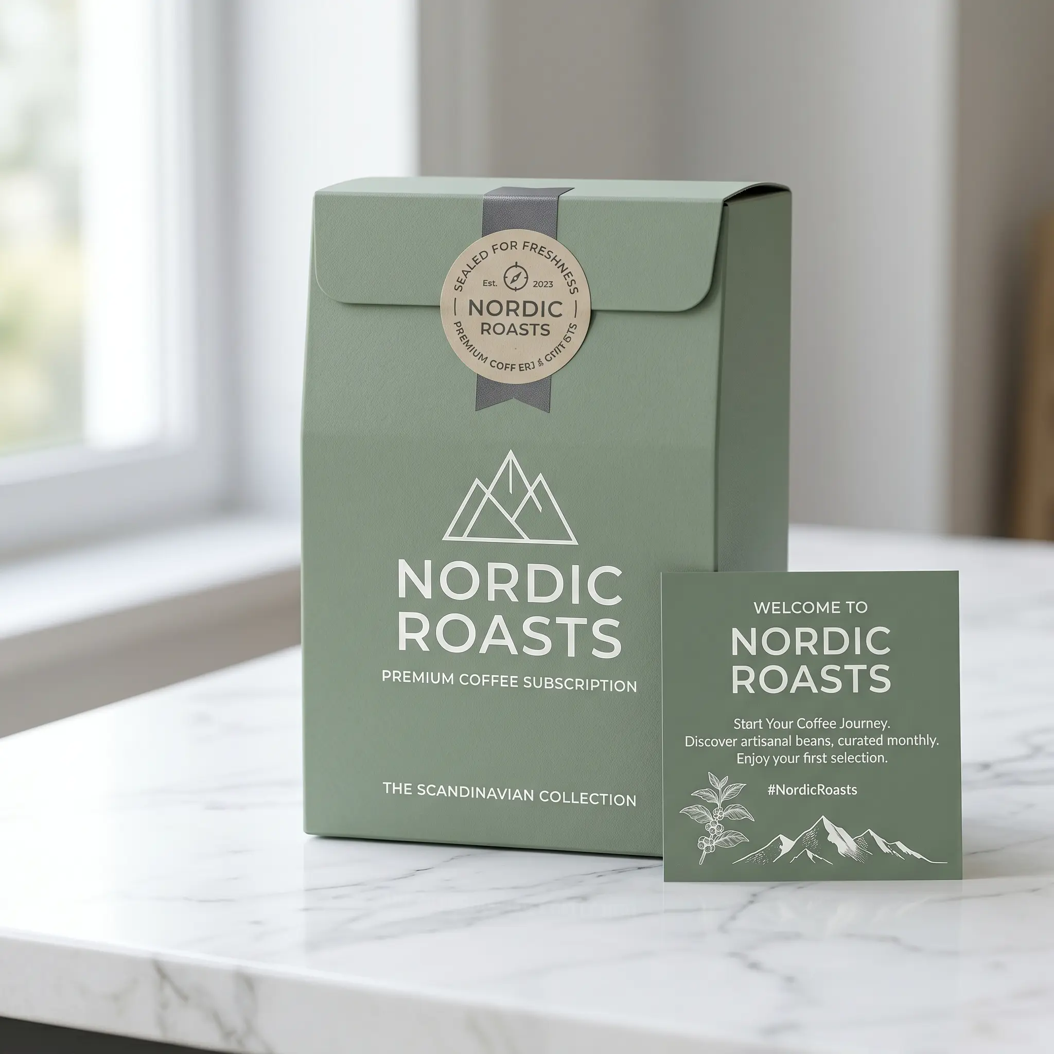 Nordic Roasts sage green coffee subscription box with welcome card on white marble surface, premium packaging design