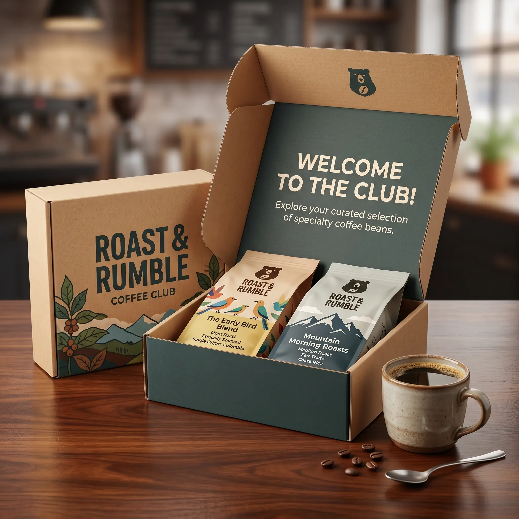 Roast & Rumble coffee subscription box with specialty coffee beans packaging on wooden table in warm kitchen setting