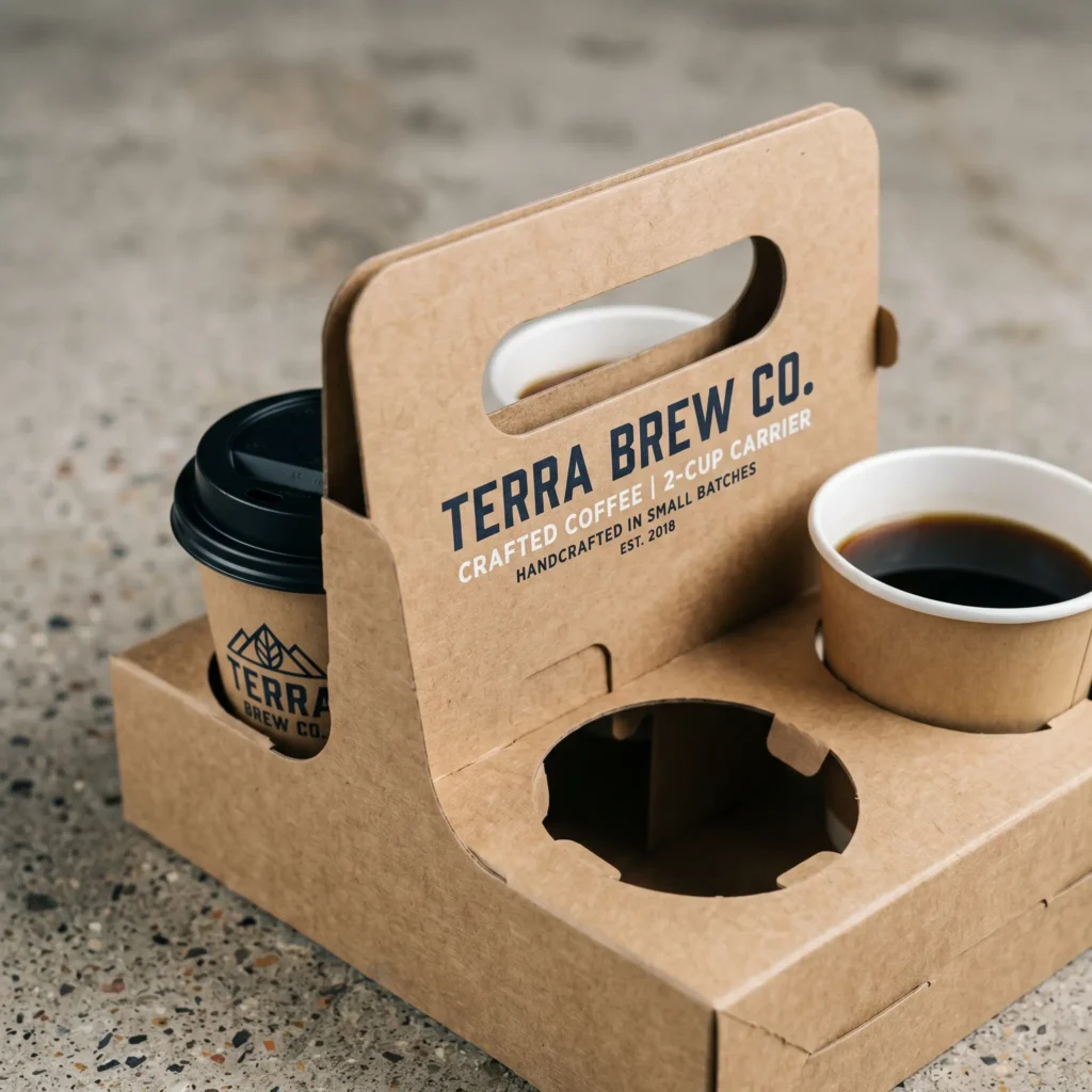Eco-friendly cardboard coffee cup carrier holding two brown takeaway cups on concrete surface showcasing sustainable packaging design