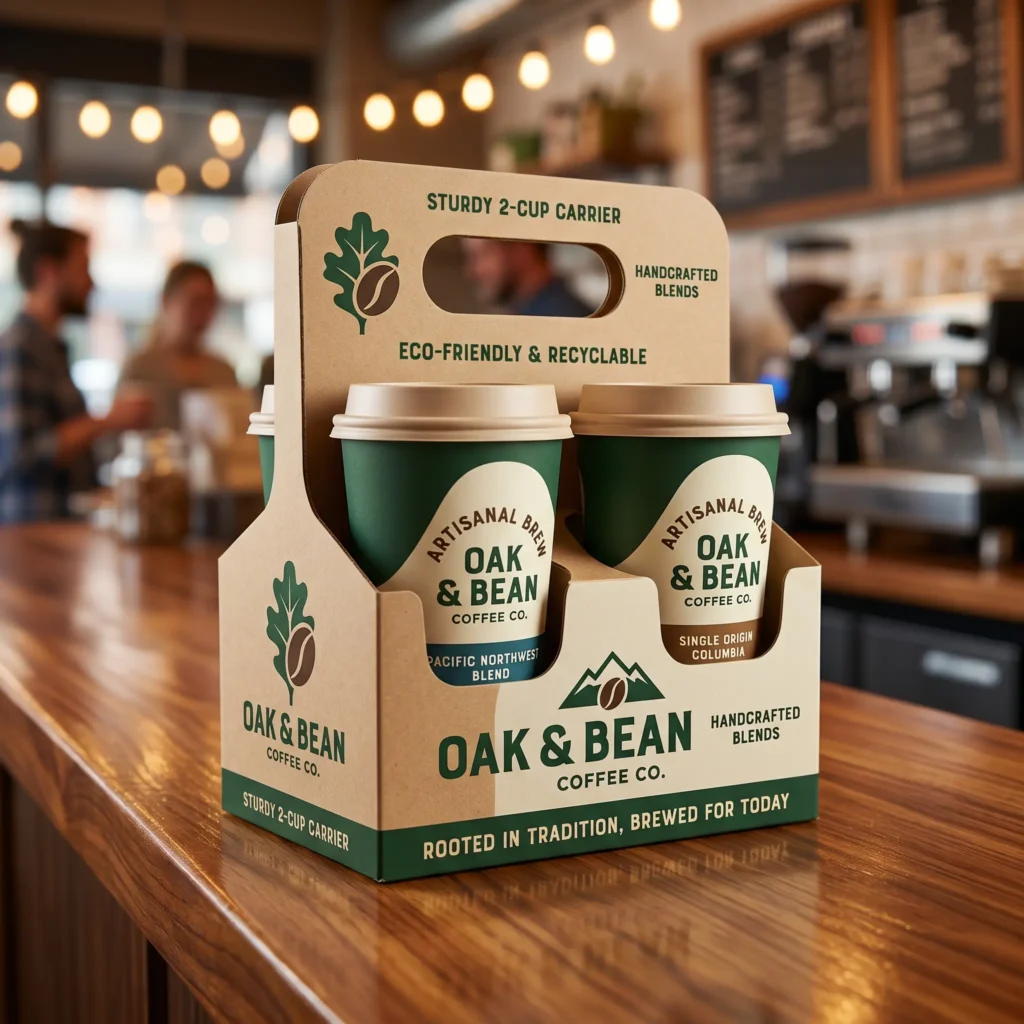 Oak & Bean coffee carrier holding two green cups on wooden counter in cozy cafe with warm lighting and eco-friendly packaging