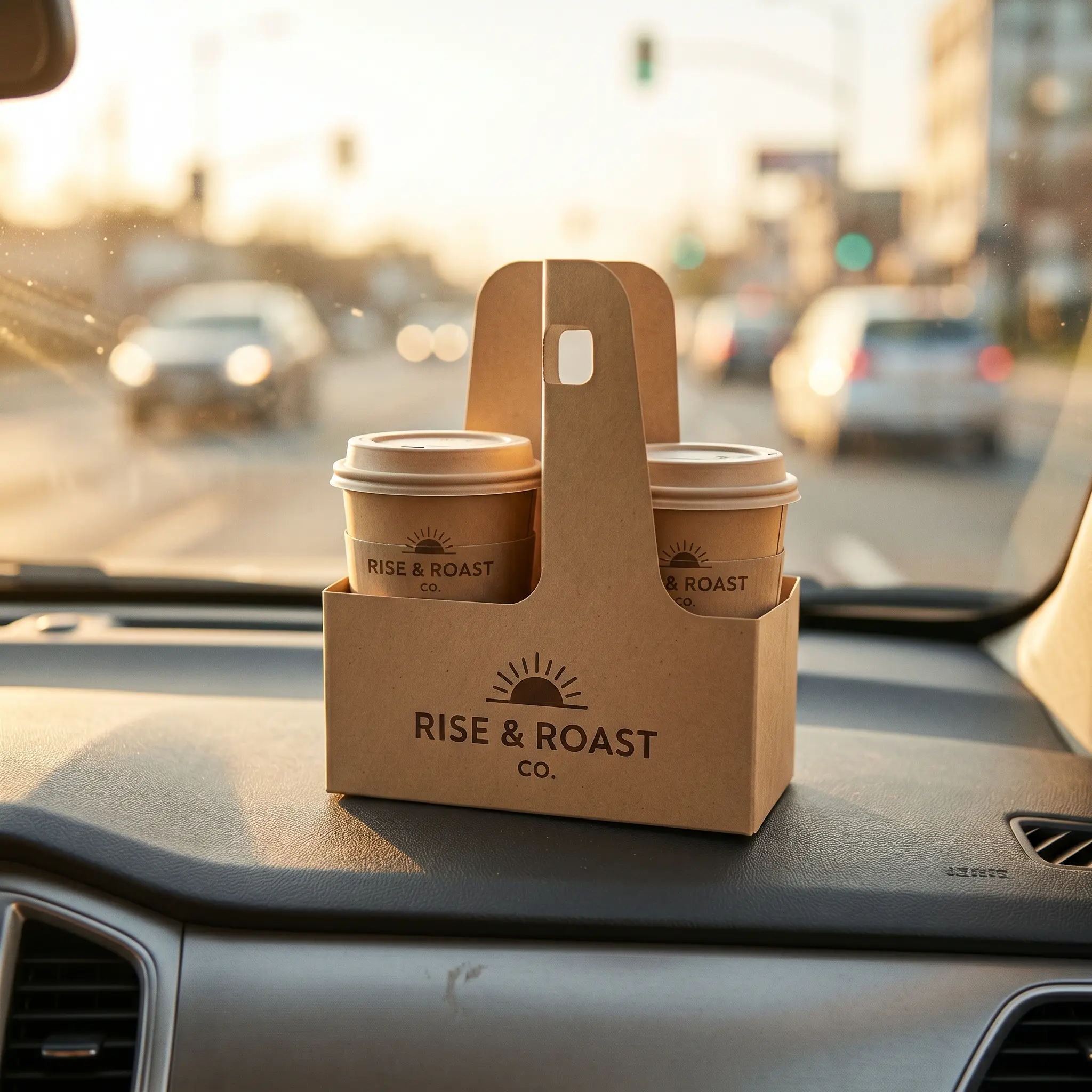 Two coffee cups in cardboard carrier with Rise & Roast branding on car dashboard during golden hour drive-through service