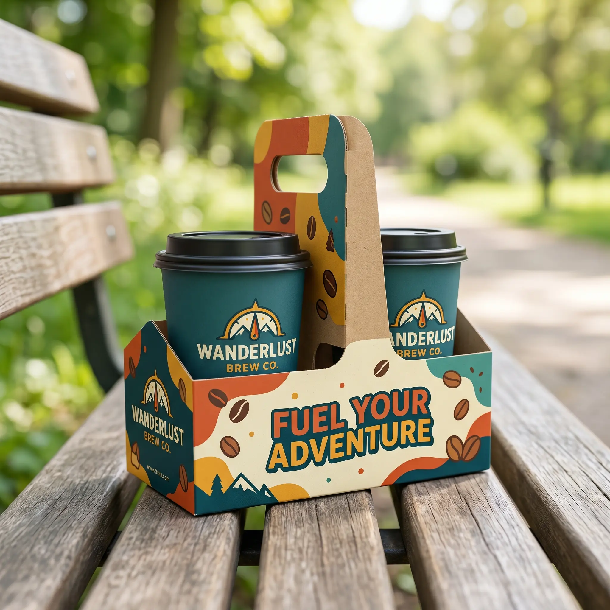 Wanderlust Brew Co. coffee cup carrier packaging design with teal cups and colorful cardboard holder on wooden bench outdoors