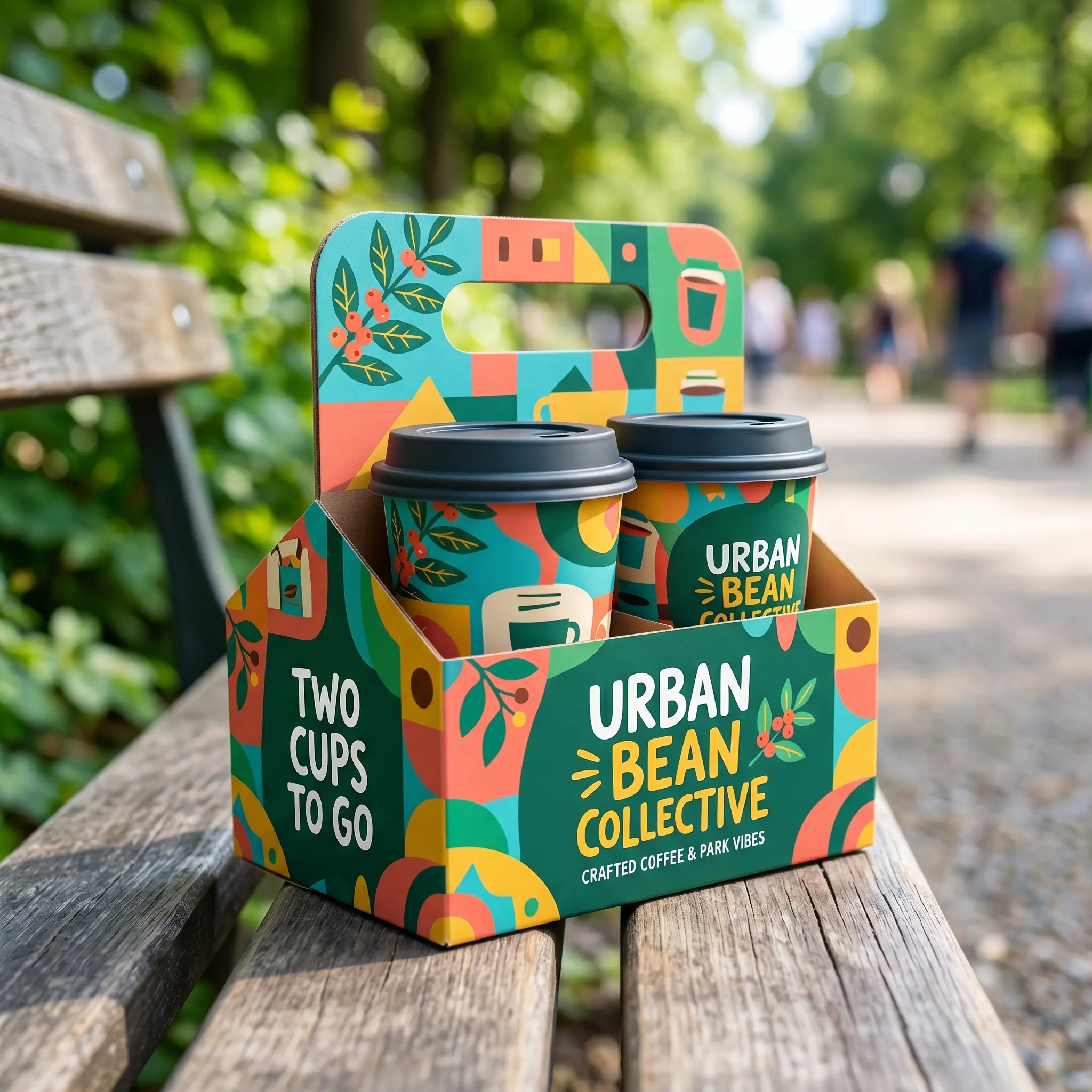Colorful coffee cup carrier packaging design with two takeaway cups on wooden bench in green park setting